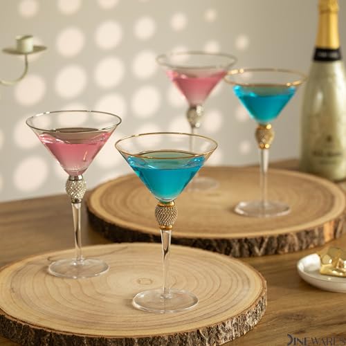 4 Piece Premium Clear Stem Crystal Martini Glasses with Gold Rim and Diamond