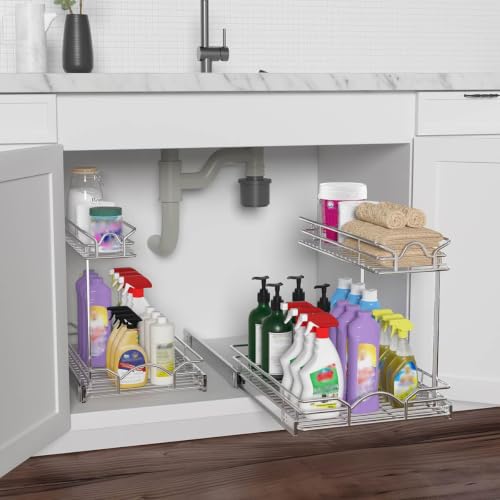 Under Sink Cabinet Organizer Two Tier Pull Out Shelf (11.75"W x 21"D)