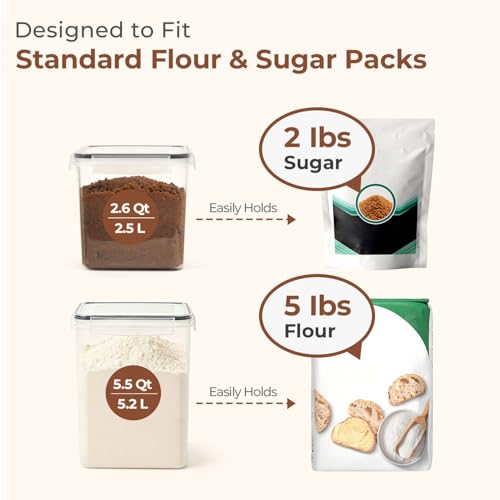 Airtight Flour and Sugar Container 2.6Qt & 5.5Qt 3Pack (5.5Qt/2.6Qt-Square)
