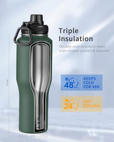 32 oz Water Bottle Insulated Fits in Any Car Cup Holder with 2 Lids (32 Ounces / Dark Green)