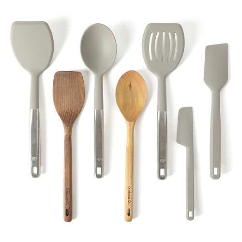 Prime 7 Piece Silicone and Teak Wood Kitchen Tool Set (Taupe w/ Silicone & Teak Wood (Prime - 7pc Utenstil Set) / 7-Piece Gadget & Tool Set)