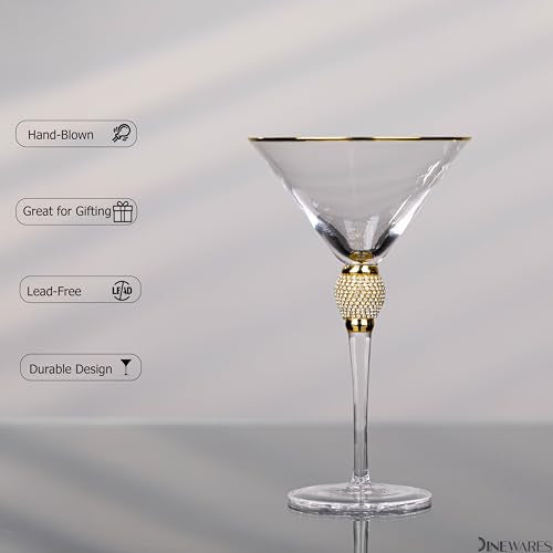 4 Piece Premium Clear Stem Crystal Martini Glasses with Gold Rim and Diamond