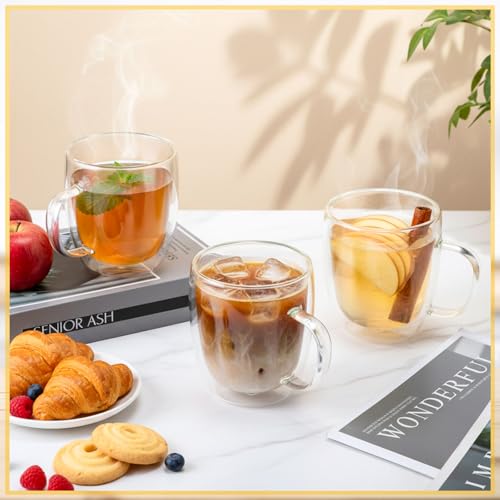 8 Pcs 16oz Clear Glass Coffee Mugs Double Walled Coffee Cups Glasses Insulated Latte Mugs with Handle Espresso Clear Cups for Cappuccino Tea (480ml / Clear)