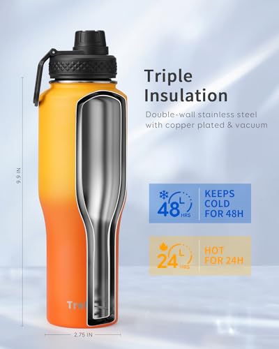 32 oz Water Bottle Insulated Fits in Any Car Cup Holder with 2 Lids (32 Ounces / Orange)