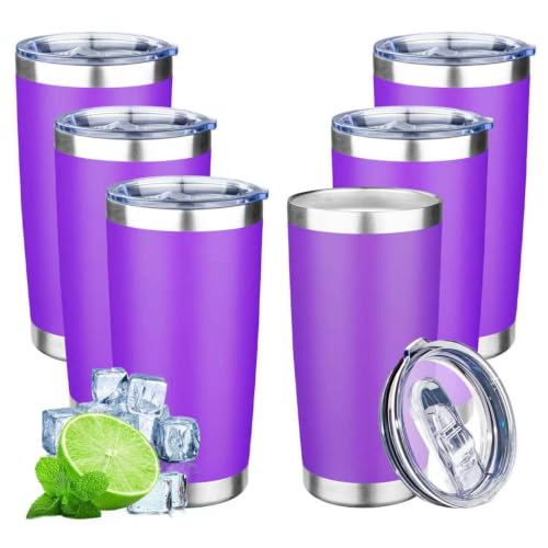 20oz Tumbler with Lid Double Wall Vacuum Insulated Travel Coffee Mug Stainless Steel Thermal Cup Powder Coated Sturdy Coffee Tumbler Bulk for Hot and Cold Beverage (20 Ounces (6 Pack) / Purple)