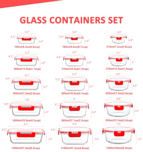 30 Pieces Glass Food Storage Containers Set (Red / 15 Pack)