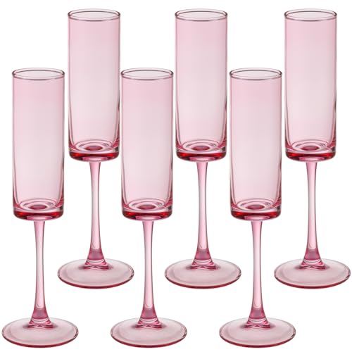 6 Pieces Pink Champagne Flutes 6 OZ Straight Sided Wine Glasses Champagne Long Stem Drinking Colored Glasses (6 Count)