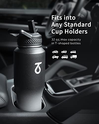 32 oz Water Bottle Insulated Fits in Any Car Cup Holder with 2 Lids (32 Ounces / Dark Gray)