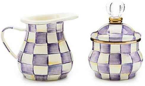 MACKENZIE-CHILDS Enamel Creamer and Sugar Bowl Set, Cream Dispenser with Pour Spout and Sugar Holder, Unique Kitchen Decor, Purple-and-White Violet Check
