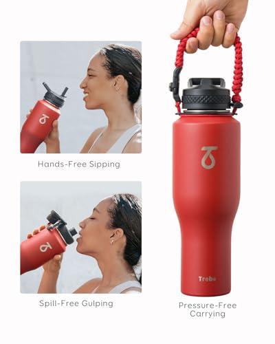 40 oz Water Bottle Insulated Fit in Any Car Cup Holder with 2 Lids (40 Ounces / Red)