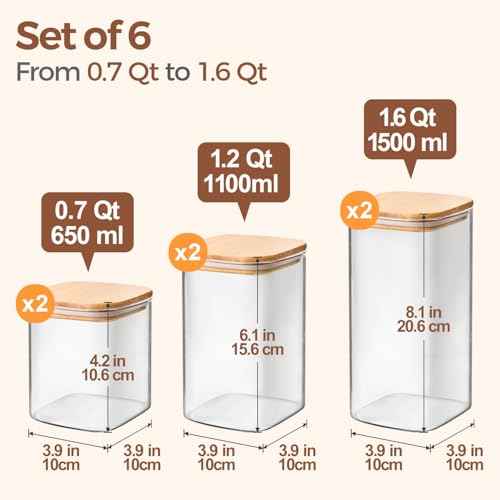 Glass Pantry Storage Containers (0.7 qt x 2 + 1.2 qt x 2 + 1.6 qt x 2)