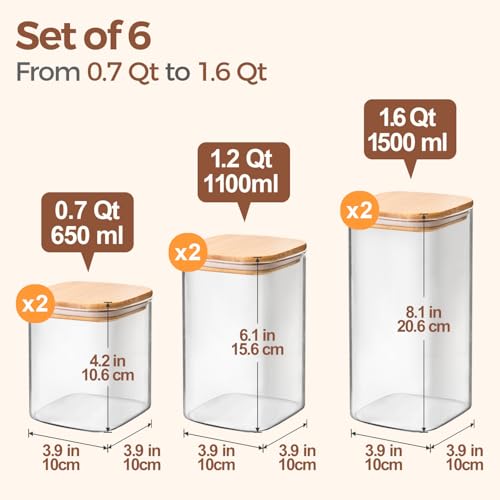 Glass Pantry Storage Containers (0.7 qt x 2 + 1.2 qt x 2 + 1.6 qt x 2)