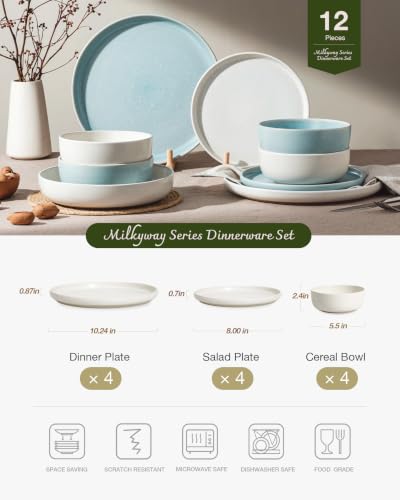 Milkyway 12 Piece Dinnerware Set (Matte Beige White & Light Blue / Service for 4 (Standard Dinner Set))