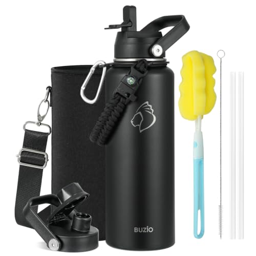 40 oz Insulated Water Bottle with Paracord Handle & Straw Spout Lids (40 Ounces / Black)