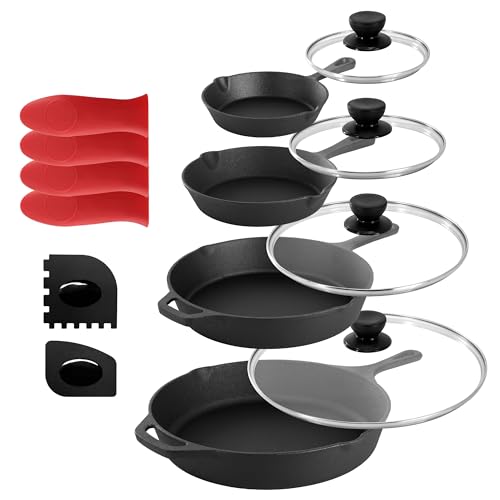 13 Piece Pre Seasoned Cast Iron Skillet Set with Temperd Glass Lids and Silicone Holders (Multi / 13 Piece Skillet Set)