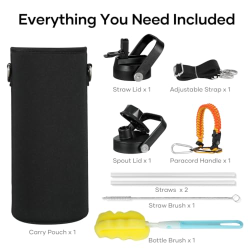 40 oz Insulated Water Bottle with Paracord Handle & Straw Spout Lids (40 Ounces / Yellow Orange)