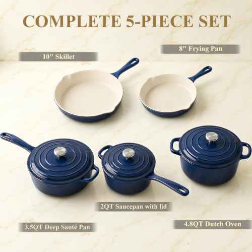 5 Piece Navy Blue Enameled Cast Iron Cookware Set