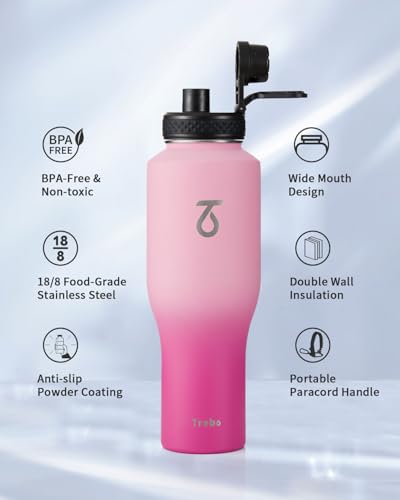 40 oz Water Bottle Insulated Fit in Any Car Cup Holder with 2 Lids (40 Ounces / Gradient Pink)