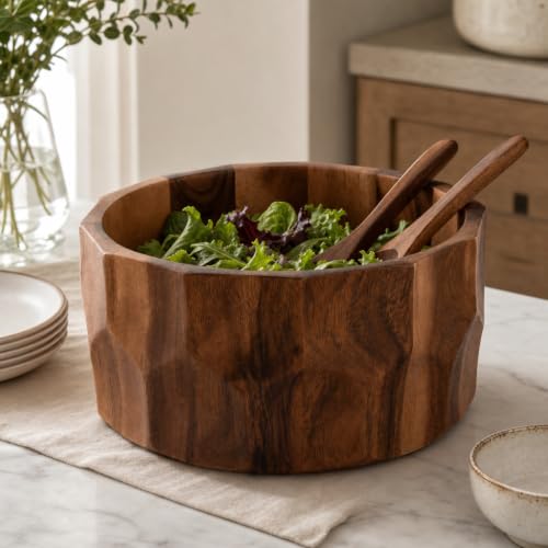 Large Diamond Pattern Acacia Wood Salad Serving Bowl (6" Tall x 12" Diameter)