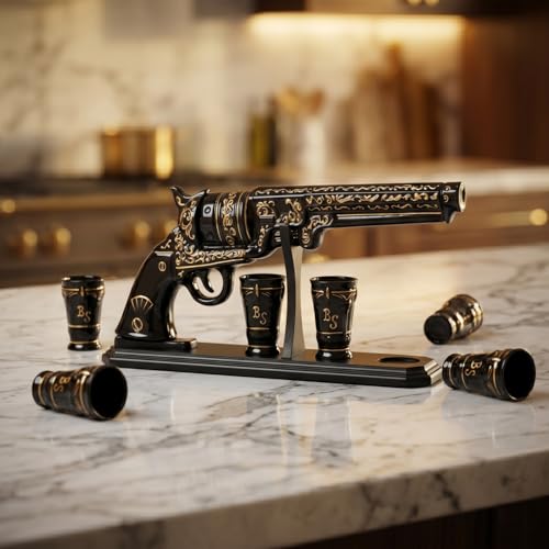 Gifts for Men Dad Hand Painted Pistol Gun Whiskey Decanter Set & Shot Glass