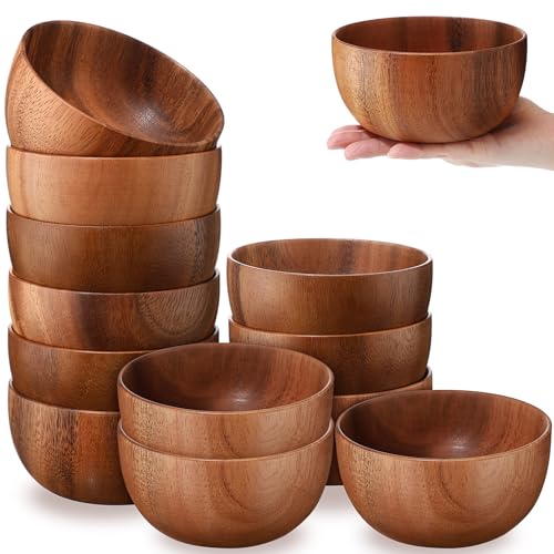 8 Pcs 5 Inch Acacia Wooden Bowls Round Hand Carved for Salad