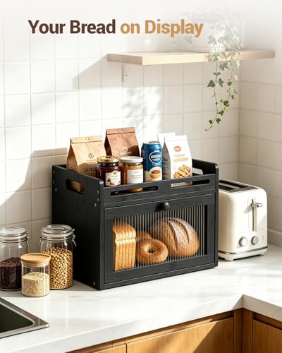 Bread Box for Kitchen Countertop (Black / 1-Tier)