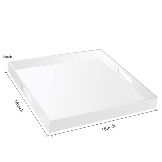 18×18 Inch Golssy White Acrylic Serving Tray with Handles Extra Large Ottoman Tray Decorative Tray Spill