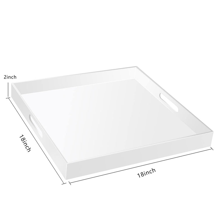18×18 Inch Golssy White Acrylic Serving Tray with Handles Extra Large Ottoman Tray Decorative Tray Spill