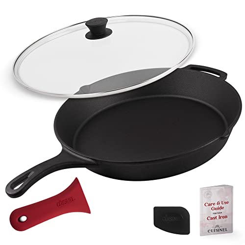 15" Cast Iron Skillet + Glass Lid Cover + Pan Scraper + Heat (15")