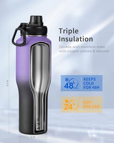 32 oz Water Bottle Insulated Fits in Any Car Cup Holder with 2 Lids (32 Ounces / Dark Purple)