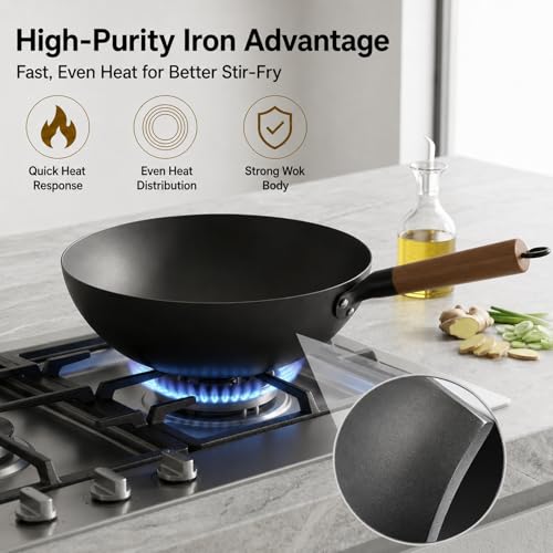 High Purity Iron Carbon Steel Wok with Lid (11.80 inch)