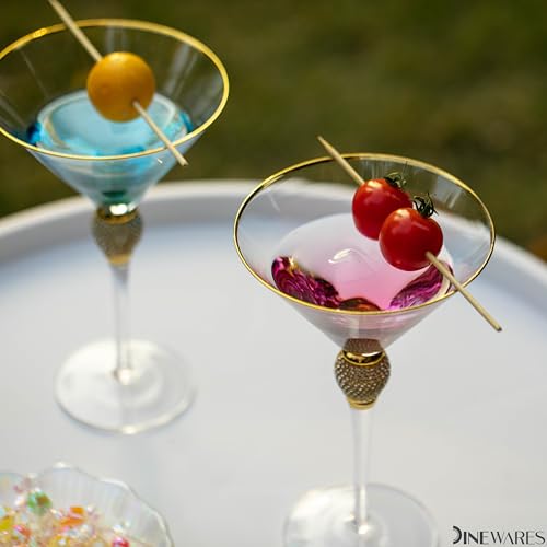 2 Piece Premium Clear Stem Crystal Martini Glasses with Gold Rim and Diamond