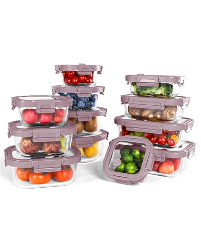 12 Pack Glass Containers with Tempered Lids (Tempered Lids Pink / 12 mixed sizes)
