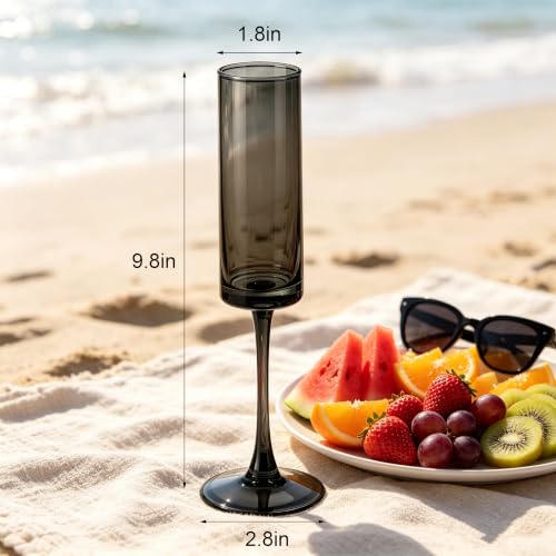 12 Pieces Black Champagne Flutes 6 OZ Straight Sided Wine Glasses Champagne Long Stem Drinking Colored Glasses (12 Count)