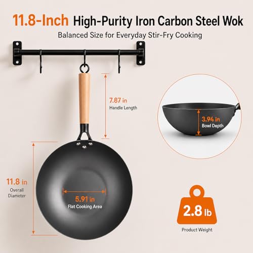 High Purity Iron Carbon Steel Wok with Lid (11.80 inch)