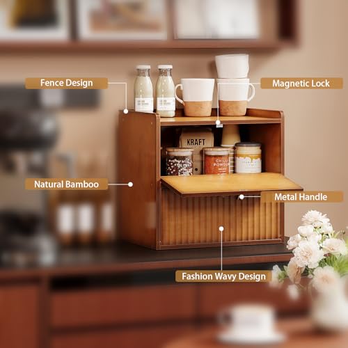 Rustic Bread Box for Kitchen Countertop Bamboo Bread Storage Container Bin Double Layer BreadBox Farmhouse Large Capacity Food Organizer (Brown)