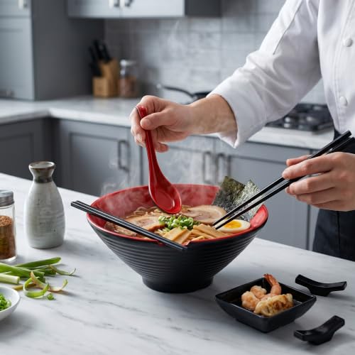 Unbreakable Melamine Ramen Bowl Set （4 piece set） (Red-Black / Set-4)