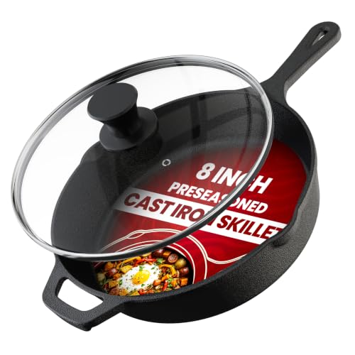Cast Iron Skillet 8 Inch with Lid Chefs Frying Pan Black (8 inch / Black)