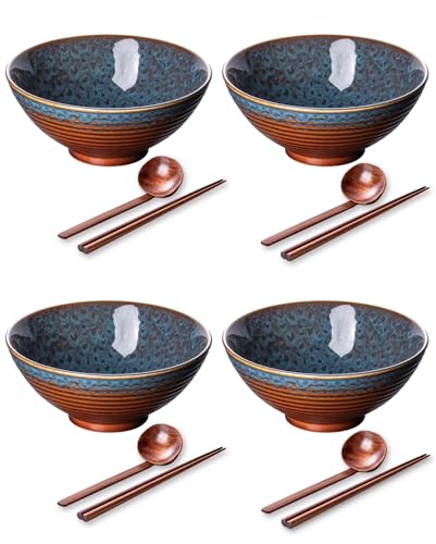 Large Japanese Ramen Bowl Set of 4 (Peacock Tail-4 Bowl Set)