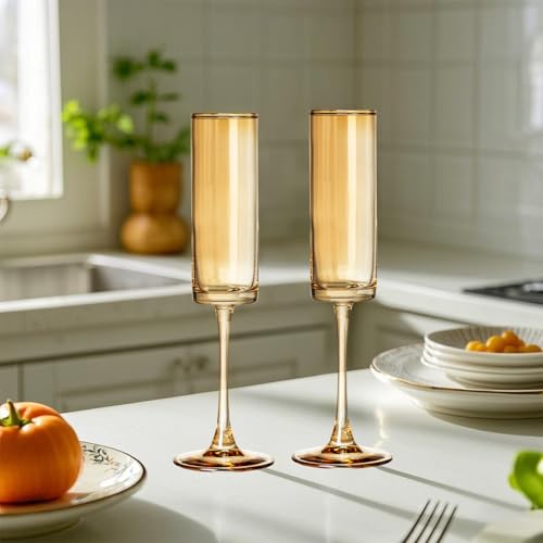 6 Pieces Amber Champagne Flutes 6 OZ Straight Sided Wine Glasses Champagne Long Stem Drinking Colored Glasses (6 Count)