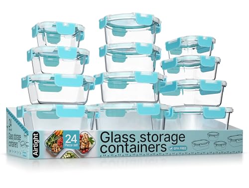 Bakken Borosilicate Glass Food Storage Containers with Lids 24 Pieces (Aqua)