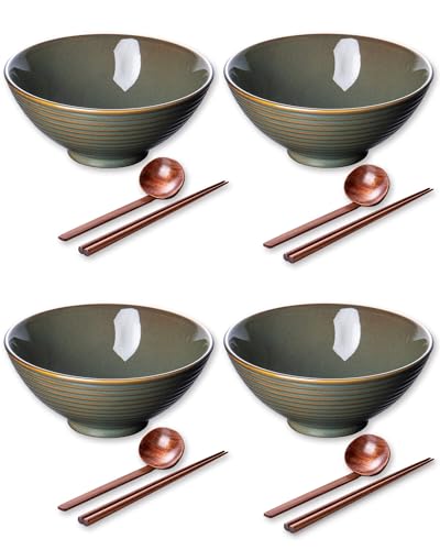 Large Japanese Ramen Bowl Set of 4 (Retro Cyan-4 Bowl Set)