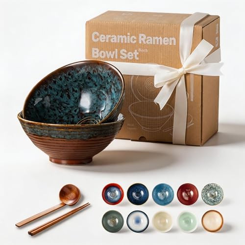 8 Inch Ceramic Ramen Bowl Set of 2 (Verdigris Green)