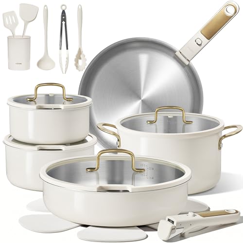 21pcs Tri Ply Stainless Steel Cookware Set with Detachable Handle