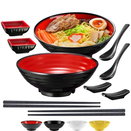Unbreakable Ramen Bowl Set with Chopsticks and Spoon (2 Bowl Set / Red & Black)