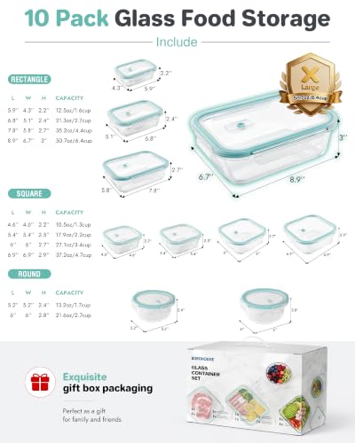 10 Pack Borosilicate Glass Food Storage Containers Set with Airtight Lids (Plastic Lids / 10 Pack)