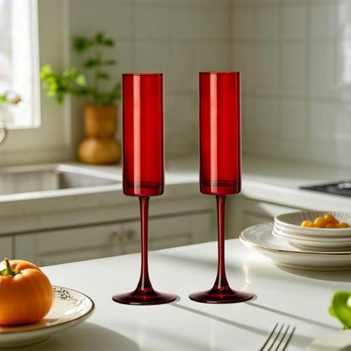 12 Pieces Red Champagne Flutes 6 OZ Straight Sided Wine Glasses Champagne Long Stem Drinking Colored Glasses (12 Count)