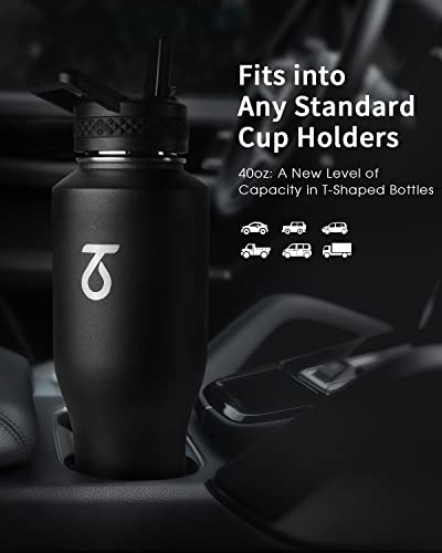 40 oz Water Bottle Insulated Fit in Any Car Cup Holder with 2 Lids (40 Ounces / Black)