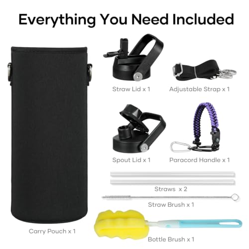 40 oz Insulated Water Bottle with Paracord Handle & Straw Spout Lids (40 Ounces / Purple Black)