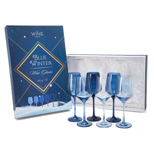 Winter Blue Christmas Wine Glasses Set of 6 Colored Crystal 12oz Navy Tall Stemmed Glassware for Holiday Celebrations (6 Count)